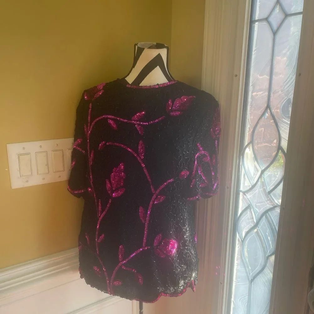 LESLIE FAYE Vintage 100% Silk Sequins Embellished Black & Hot Pink Blouse SZ L.